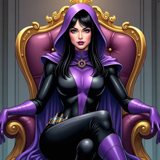 Prompt: An attractive villainess wearing a black bodysuit with a large purple stripe running up and down the front. She has black straight hair, she is Caucasian, she is fair skinned, has a purple hooded cape, purple gloves reaching to her forearms, purple high heeled boots, she has a utility belt with chemical vials. She is sitting on a gold and purple throne in of a mansion with a haughty, confident smirk on her face. Purple lipstick. Legs crossed. Comic book style.