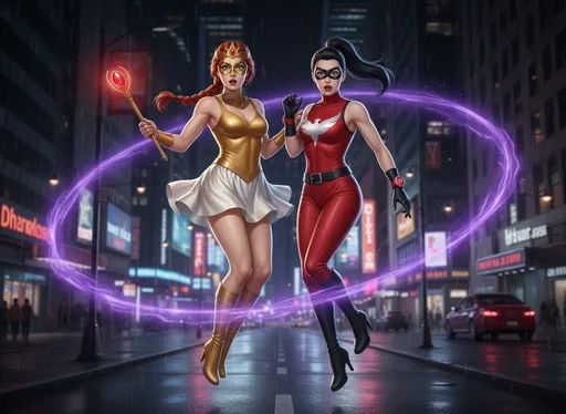 Prompt: A tall athletic woman with red hair in a (single braid). Wearing a golden sleeveless top, a short white silk skirt, green eyes, a gold domino mask, a golden tiara with a red gemstone in it. Golden high heeled boots. Hold a golden scepter with a red glowing gemstone in it, the handle is short. Standing next to a caucasian woman with straight black hair in a ponytail. She has brown eyes and red lipstick. She is wearing a red leather catsuit, sleeveless, a white bird shaped chest emblem, black high heeled boots, black gloves, black domino mask around her eyes, and small red sci-fi style wrist bands with disc shaped devices on the wrist bands. She has a black leather belt. She wears a black domino mask. They are both suspended in mid air, surrounded by a purple magic aura. Surprised expressions on their faces. On a city sidewalk at night. Full body images.