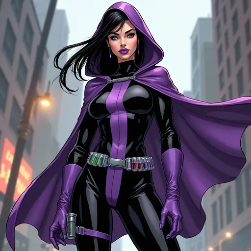 Prompt: An attractive villainess wearing a black bodysuit with a large purple stripe running up and down the front. She has black straight hair, she is Caucasian, she is fair skinned, has a purple hooded cape, purple gloves reaching to her forearms, purple high heeled boots, she has a utility belt with chemical vials. She is standing in a dramatic pose in a city with a haughty confident smirk on her face. Comic book style.