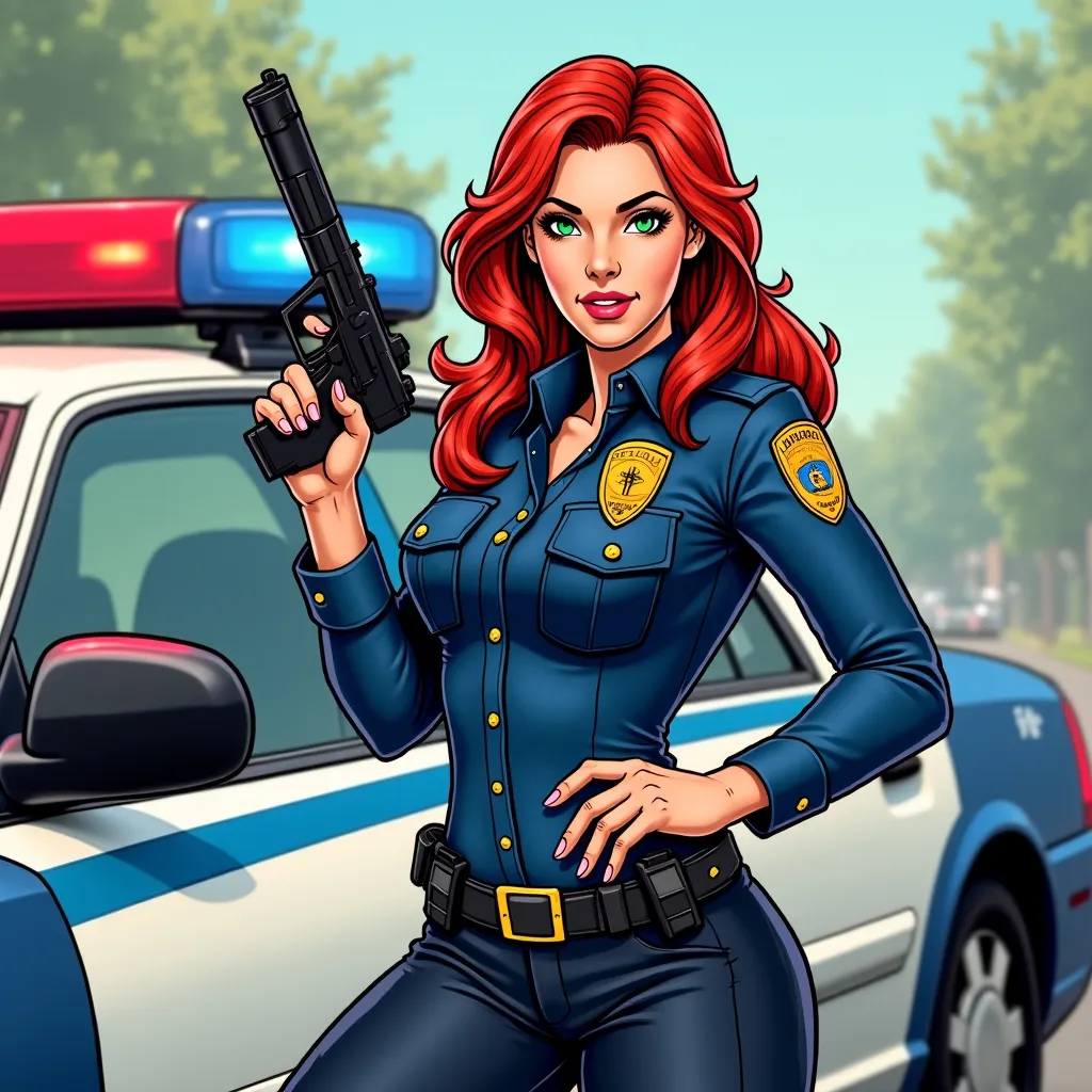 Prompt: a tall fit redhead woman with green eyes, police officer standing next to a police car, posing with her gun, smirking, comic book style