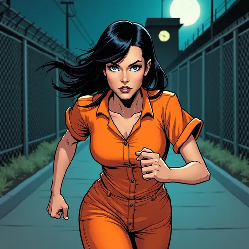 Prompt: Attractive, villainous woman wearing an orange prison jumpsuit, running, a determined look on her face. She has black hair, side swept bangs, and blue eyes.  It is at night. A prison is in the background in the distance. Comic book style.