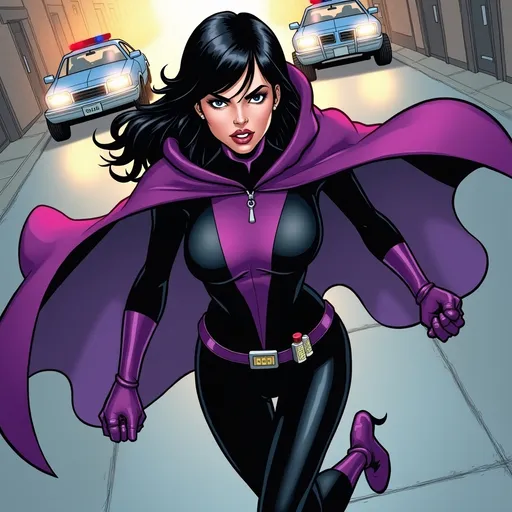 Prompt: An attractive villainess wearing a black bodysuit with a large purple stripe running up and down the front. She has black straight hair with side swept bangs, she is Caucasian, she is fair skinned, has a purple hooded cape, purple gloves reaching to her forearms, purple high heeled boots, she has a utility belt with chemical vials. She is running down a city street with police cars behind her with flashing sirens. She has an angry determined expression on her face. Comic Book style.