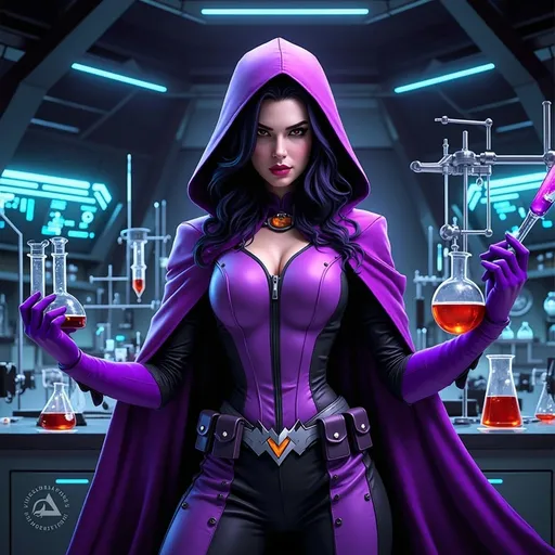 Prompt: a woman with black hair wearing a purple and black outfit holding a beakle and a flask in a science lab with a purple hooded cape, and purple gloves Artgerm, fantasy art, comic cover art, a comic book panel