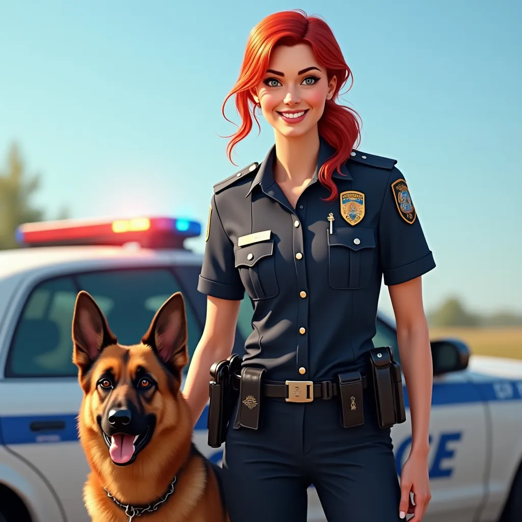 Prompt: (tall, attractive redhead woman police officer), (smiling), (German shepherd dog), police car in background, clear blue sky, warm sunlight casting soft shadows, professional uniform with badges, loyal police dog beside her, confident stance, cheerful ambiance, realistic expression, high-quality detail, well-defined features, emotionally engaging scene.