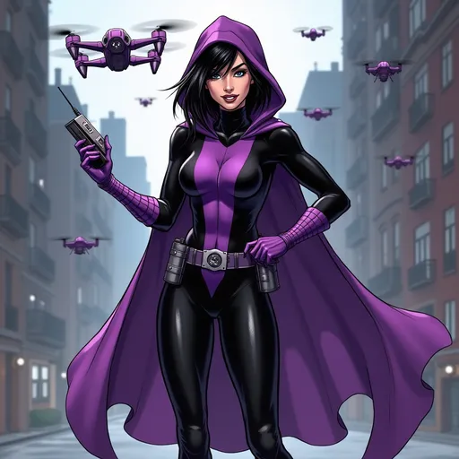 Prompt: An attractive villainess wearing a black bodysuit with a large purple stripe running up and down the front. She has black straight hair, she is Caucasian, she is fair skinned, has a purple hooded cape, purple gloves reaching to her forearms, purple high heeled boots, she has a utility belt with chemical vials. She is standing in a dramatic pose in a city with a haughty confident smirk on her face. She is holding a remote with purple drones behind her in the air. Comic book style.