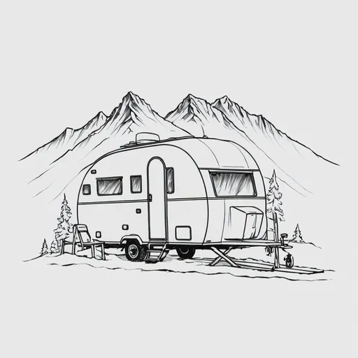 Prompt: Caravan Trailer with Skis leaning on it, in the back a Mountain with the line of the skis