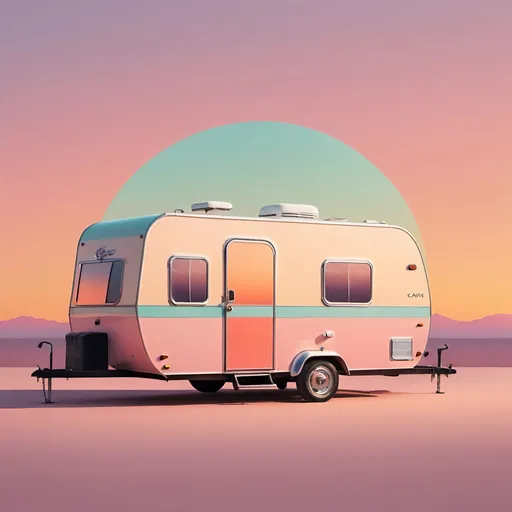Prompt: a minimalist logo design, pastel colors and a retro aesthetic, Sunglasses reflecting caravsan trailer in sunset, no backround