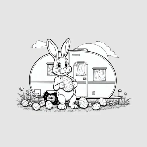 Prompt: Easterbunny with easter eggs sitting in the grass in front of a caravan trailer 