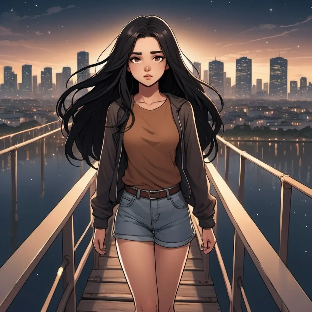 Prompt: a webtoon type of girl with long black hair, brown light skin, that have the power to explore another dimention - the girl should be standing on a bridge ready to jump in the other world, her eyes are closed, an aura is surrounding her - with a night city landscape in the background 