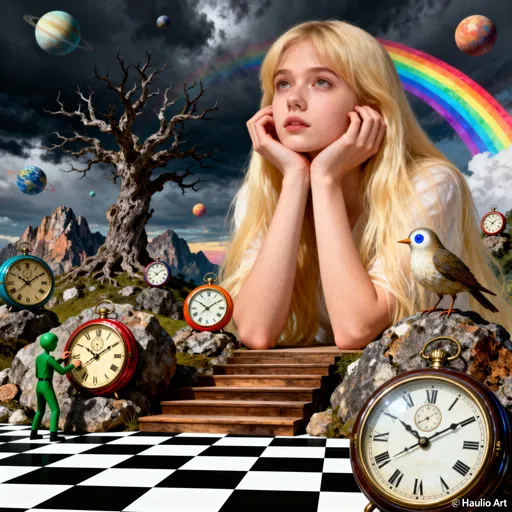 Prompt: This is a digitally created surreal artwork featuring a young woman with long, flowing blonde hair and fair skin, positioned in the right foreground. She rests her head on her hand, gazing thoughtfully into the distance. The background is a fantastical landscape with a dark, cloudy sky filled with bright, multicolored rainbows and floating planets. A large, gnarled tree with no leaves stands prominently in the center-left, surrounded by rocky, mountainous terrain.

In the foreground, there is a black-and-white checkered floor leading to a series of wooden steps. Multiple oversized clocks with different designs and colors are scattered throughout the scene. Some clocks are mounted on rocks, while others float in mid-air. A small, humanoid figure in a green outfit stands to the left, appearing to adjust one of the clocks.

To the right of the woman, a whimsical, bird-like creature with a small, blue eye perches on a rock. The overall color palette is a mix of dark and bright hues, creating a striking contrast. The textures range from the smooth, glossy surfaces of the clocks to the rough, rocky terrain. The image has a dreamlike quality, blending elements of fantasy and surrealism. The artwork is signed "Haulio Art" in the bottom right corner.