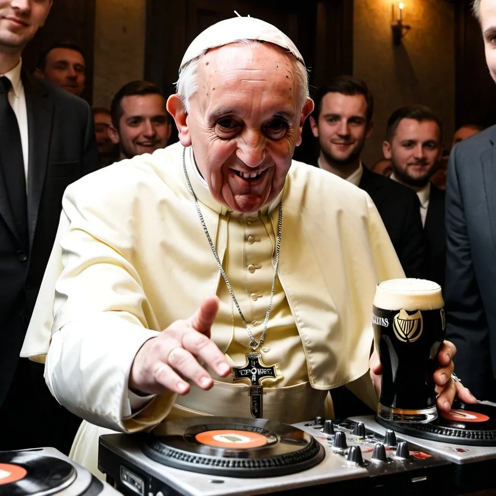 Prompt: The pope as a dj with a pint of guinness