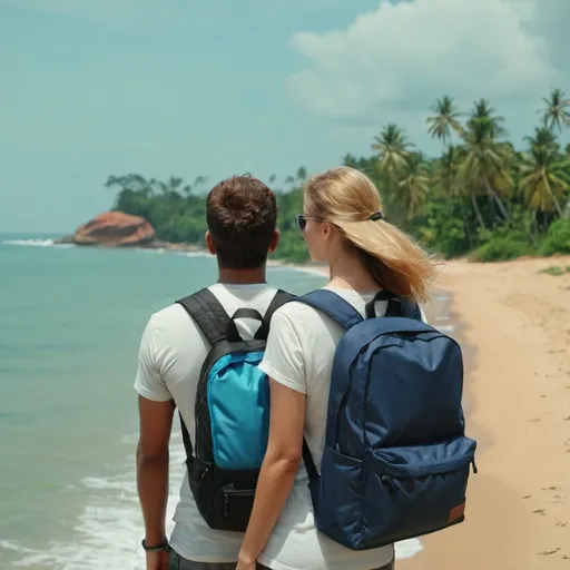 Prompt: Traveling couple with backpack looking at beautiful sea  view sri lanka . relistic and 4k