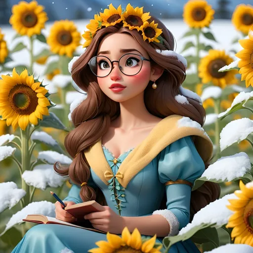 Prompt: Disney style princess with glasses sitting in a sunflower field under the snow, writing poetry, high res image