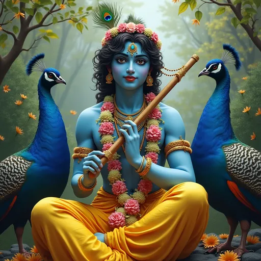 Prompt: A divine, serene depiction of Lord Krishna with blue skin, wearing golden-yellow dhoti and adorned with flower garlands and elegant jewelry. He is seated gracefully against a backdrop of lush nature, surrounded by vibrant peacocks with majestic feather displays. Krishna holds a wooden flute and has a peacock feather crown on his head. The scene is rich in color, with soft lighting and detailed floral elements, evoking peace, divinity, and natural beauty in a classical Indian art style