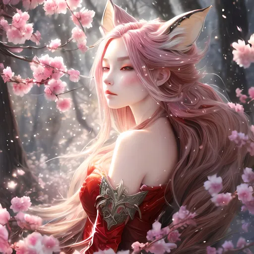 Prompt: Anime hyperrealistic art of an elegant female with vibrant fox ears dressed in red armor, vibrant long flowing hair with colorful streaks, magical light, cherry blossom forest clearing, color splash, best quality, hyperrealism, anime, vibrant colors, elegant design, armor, flowing vibrant hair, faint magic glow, forest clearing, magical atmosphere, mage
