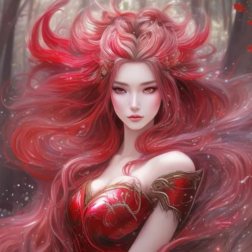 Prompt: Anime hyperrealistic art of an elegant female dressed in vibrant red armor, long flowing hair with colorful streaks, magic glow, vibrant fox ears, cherry blossom forest clearing, color splash, best quality, hyperrealism, anime, vibrant colors, elegant design, armor, flowing hair, faint magic glow, forest clearing, magical atmosphere, elemental glow
