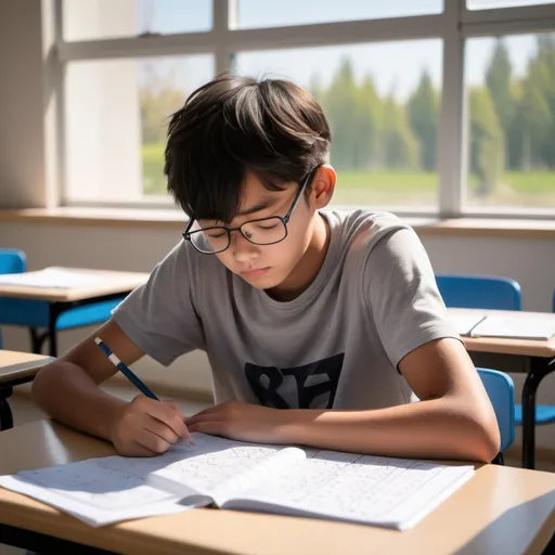 Prompt: A student studying Math alone in the class at the break in a sunny day