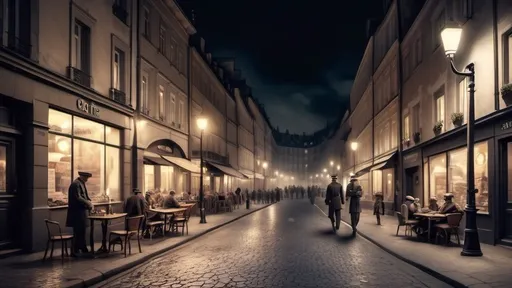 Prompt: It is World War 2. On the streets of an European city at night, there are street lights, old coffee shops, pedestrians walking on the road