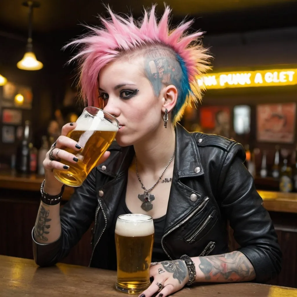 Prompt: punk young lady in a bar drinking beer