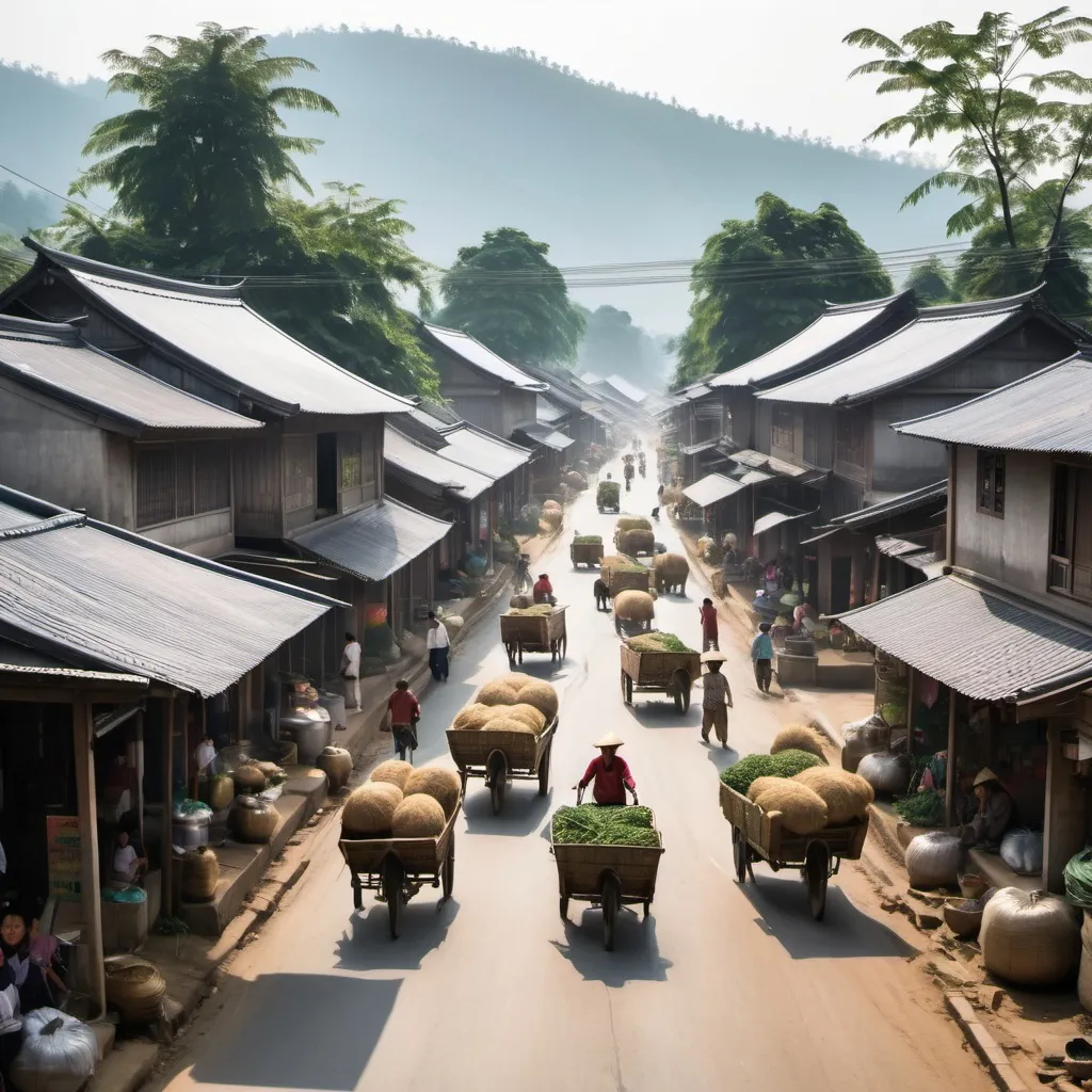 Prompt: busy street in an asian farmer village