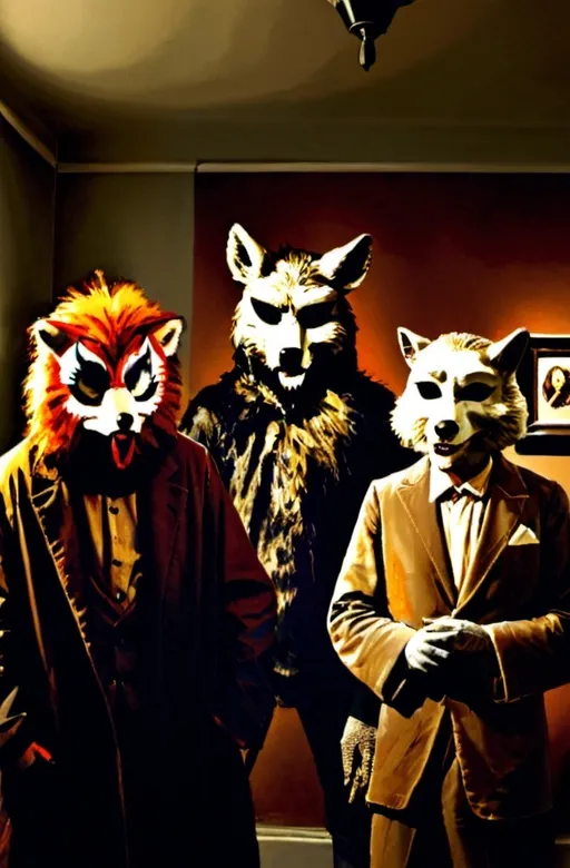 Prompt: three men in animal masks standing next to each other in a room with pictures on the wall and a lamp, Caspar Wolf, furry art, promotional image, a renaissance painting