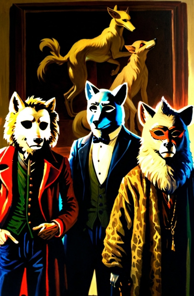 Prompt: three men in animal masks standing next to each other in a room with pictures on the wall and a lamp, Caspar Wolf, furry art, promotional image, a renaissance painting