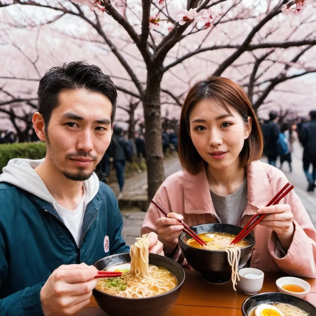 Prompt: two people eats ramen in japan near the sakura 
