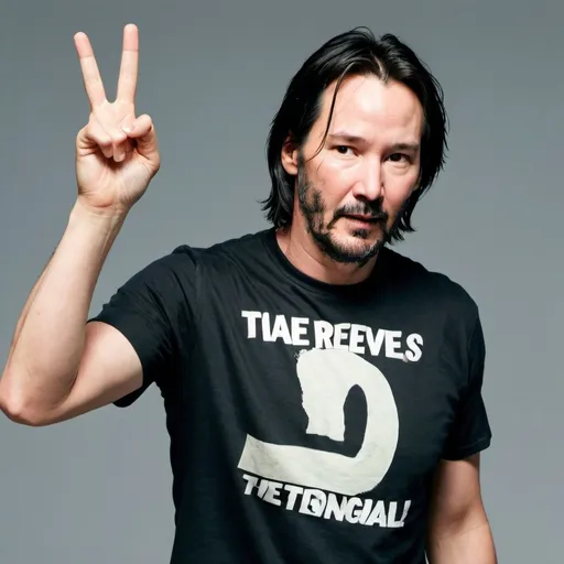 Prompt: A picture of keanu reeves in t shirt waving two fingers in the air