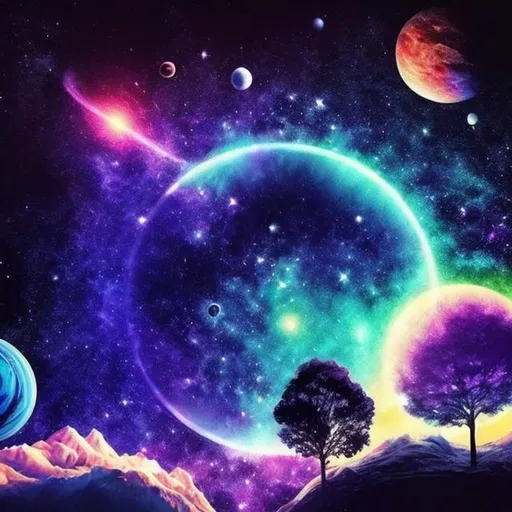 Prompt: Create a space and galaxy and planets Art add trees 