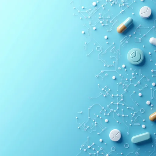 Prompt: Create a website background image for the FDA that combines elements of drug review and technology, with a light blue theme. The image should include subtle icons of pills, capsules, and molecular structures, along with technological elements like circuit patterns. The overall design should be professional and not too busy