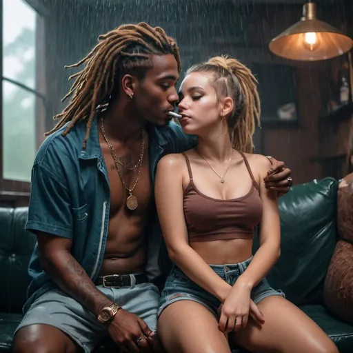 Prompt: rapper boy in dreads & cigar  cuddling with a girl in shorts & croptops, indoors in rainy atmosphere