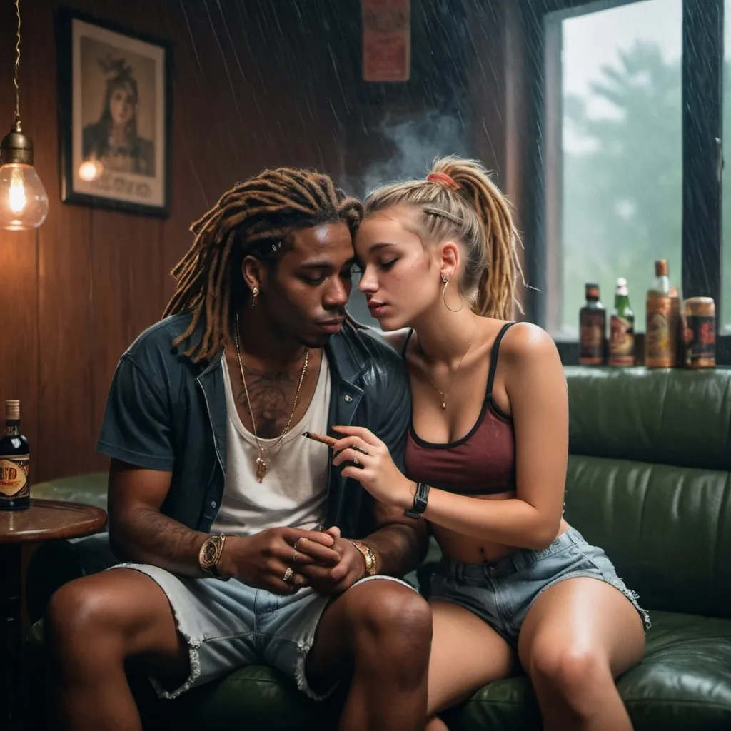 Prompt: rapper boy in dreads & cigar  cuddling with a girl in shorts & croptops, indoors in rainy atmosphere