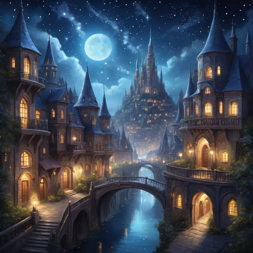 Prompt: Night magical city under stars, fantasy painting, enchanting skyline, detailed architecture, mystical atmosphere, sparkling starlight, high quality, ethereal, fantasy, magical, detailed cityscape, night sky, enchanting, mystical lighting