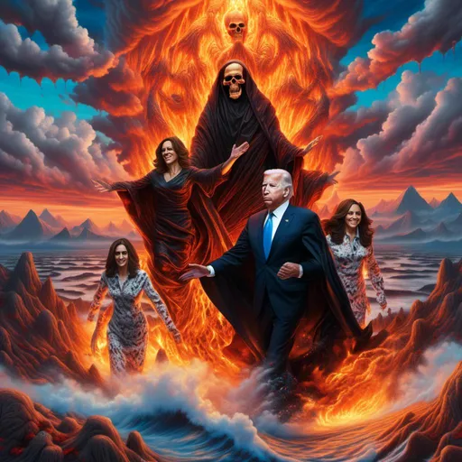 Prompt: <mymodel> Synthetic Landscapes Netanyahu, Jo Biden, and Kamala Harris being taken into the lake of fiery Hell By The grim reaper