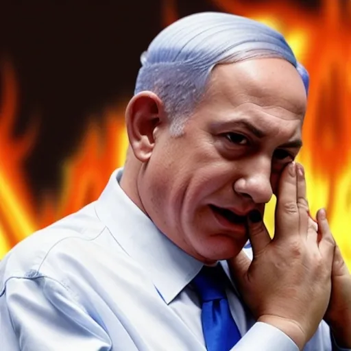 Prompt: Netanyahu suffering and crying out with a deformed look on his face in a a lake of fire