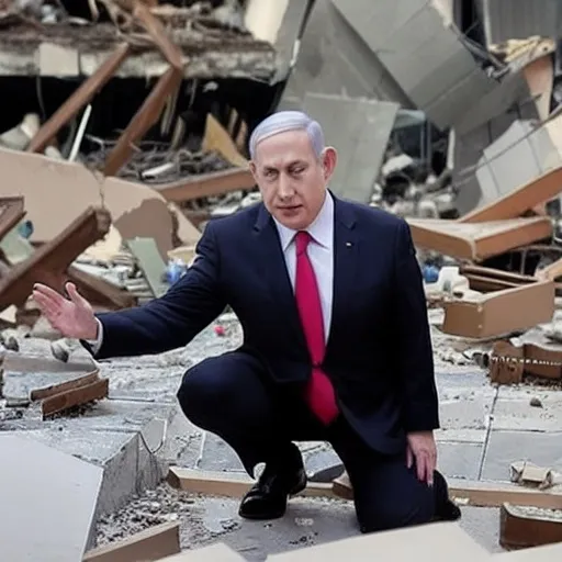 Prompt: Netanyahu as the Antichrist with Kamala Harris Bowing on the ground at his feet in a Destroyed City