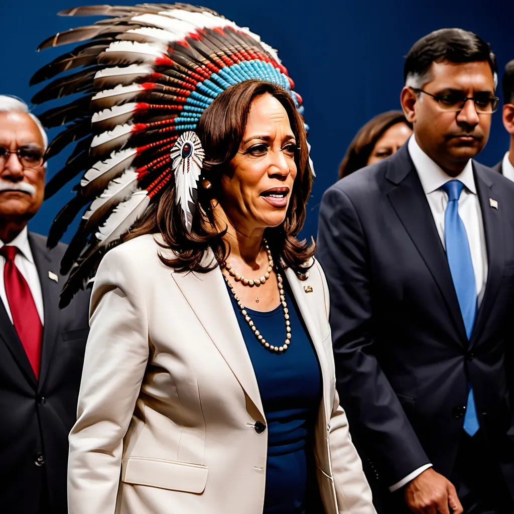 Prompt: Kamala Harris whereing an Indian Headdress made of bird feathers