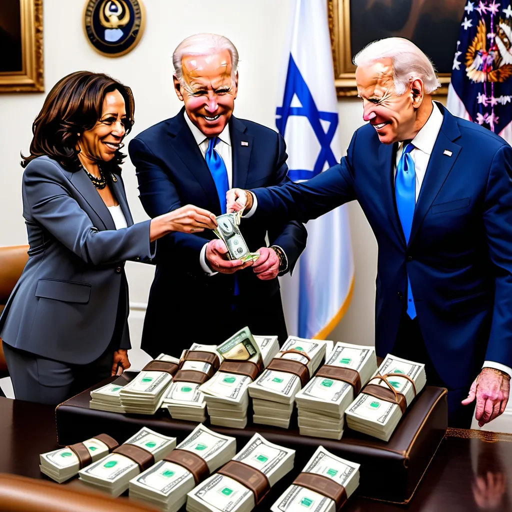 Prompt: Kamala Harris and Joe Biden handing a bomb and a stack of money to Benjamin Netanyahu