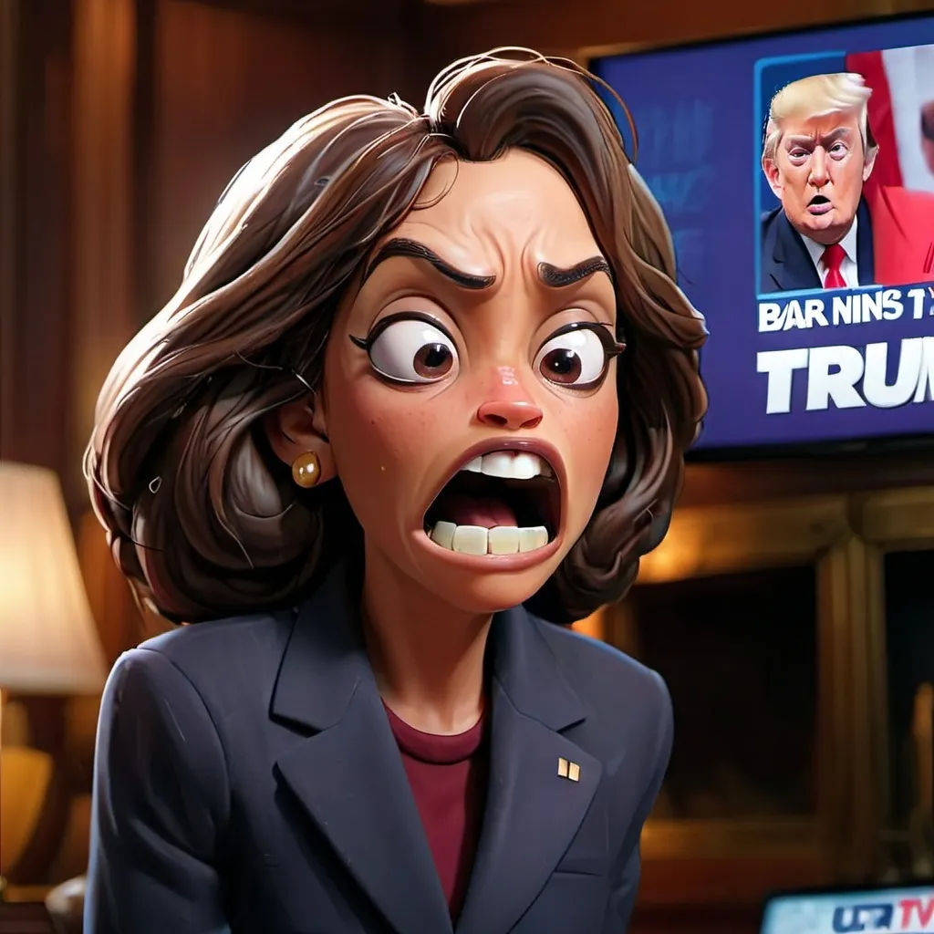 Prompt: (Kamala Harris watching a giant Screen showing a bar graph with her name on one side and Trump's on the other with a headline saying Trump wins  with a shocked expression), (dynamic TV scene), high detail facial features, captivating eyes wide open, vivid colors, warm lighting accentuating the mood, cozy living room ambiance, modern décor in the background, ultra-detailed, high-quality image that captures the surprise of the moment.