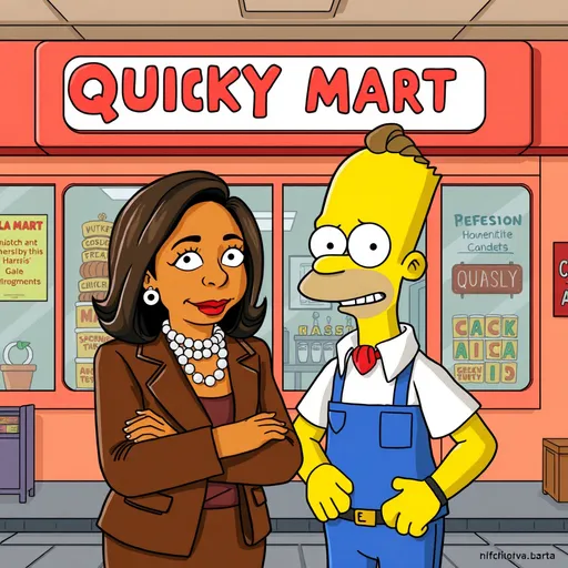 Prompt: A Satirical portrait of Kamala Harris visiting the Quicky Mart from the Simpson's show and Posing for a photo with Apud from the simpson's