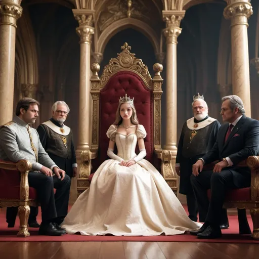 Prompt: a beautiful and innocent princess holding hands with a handsome but evil man in the king's hall. they stand next to the king's throne where he sits. facing them is a cunning man who looks alarmed and points at the evil man. On the sides of the hall are the king's councilors with their upper-class faces