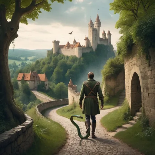 Prompt: a man in a fairy tale walking down the road and meeting a snake. a forest around them, and medieval city walls peeping behind it