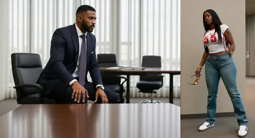 Prompt: @07dAym47AxHZ9tc6P9Yz @8eCH7x9lu2tB5rfC11ul Victori sitting on the office chair and asking @8eCH7x9lu2tB5rfC11ul "where ia mary" @8eCH7x9lu2tB5rfC11ul is standing ,quite intimidated