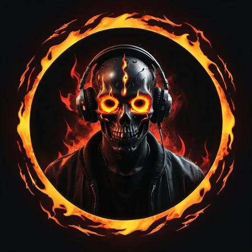 Prompt: create me a dark rendering for a techno event dj slot giveaway, it should include hellfire dont put a person in the screen rather a circle with flames where i can put the artist in
