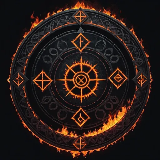 Prompt: create me a dark rendering for a techno festival, it should include hellfire in the screen rather a circle with flames include nordic runes on the circle
