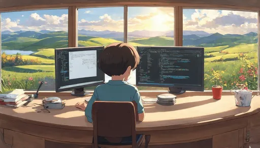 Prompt: Studio Ghibli style, a panoramic scene featuring a child sitting at a desk with a three-monitor computer setup, programming in their cozy room. Behind the child is a large window showcasing a vibrant, picturesque countryside with rolling hills, a serene lake, and a beautiful sunset. The room is filled with warm light, capturing the essence of nature and life outside. The overall atmosphere is calm and inspiring, blending the indoors with the lush, lively outdoors.