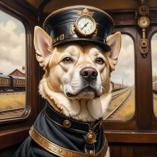Prompt: Ultra-detailed, realistic oil painting of a regal dog as a train conductor, vintage steam engine, focused and wise expression, luxurious conductor uniform with gold accents, commanding presence, intricate train details, nostalgic sepia tones, soft natural lighting, high quality, oil painting, vintage, regal dog, steampunk, detailed uniform, commanding presence, nostalgic tones, intricate train, focused expression