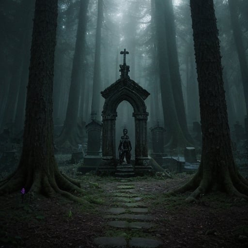 Prompt: A whimsical forest alive with anthropomorphic creatures. Everything seems bright and happy at first, but in reality it is actually a graveyard with a much darker story.
Scary. Gothic. Chilling.