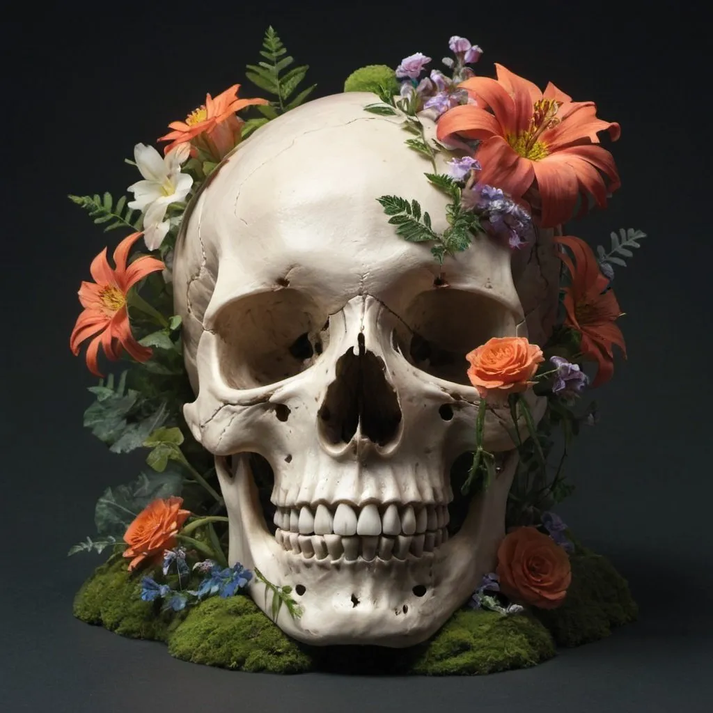 Prompt: A Skull engulfed by flora.