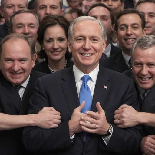 Prompt: 

Creepy.
Lots of random hands in the background. 
The foreground is composed of manically smiling politicians. 